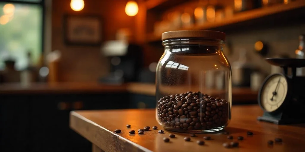 a glass jar with coffee beans on a table