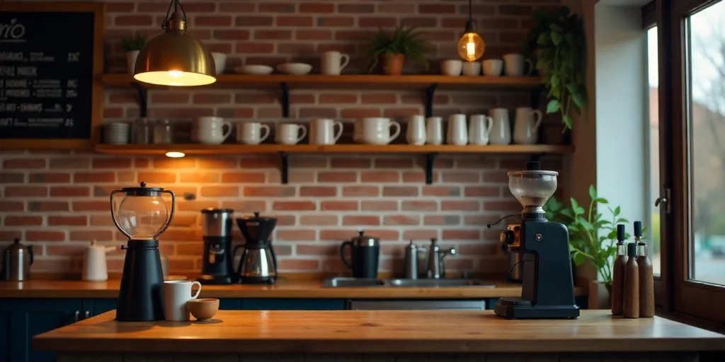 A pendant light illuminating a stylish, clean home coffee station.