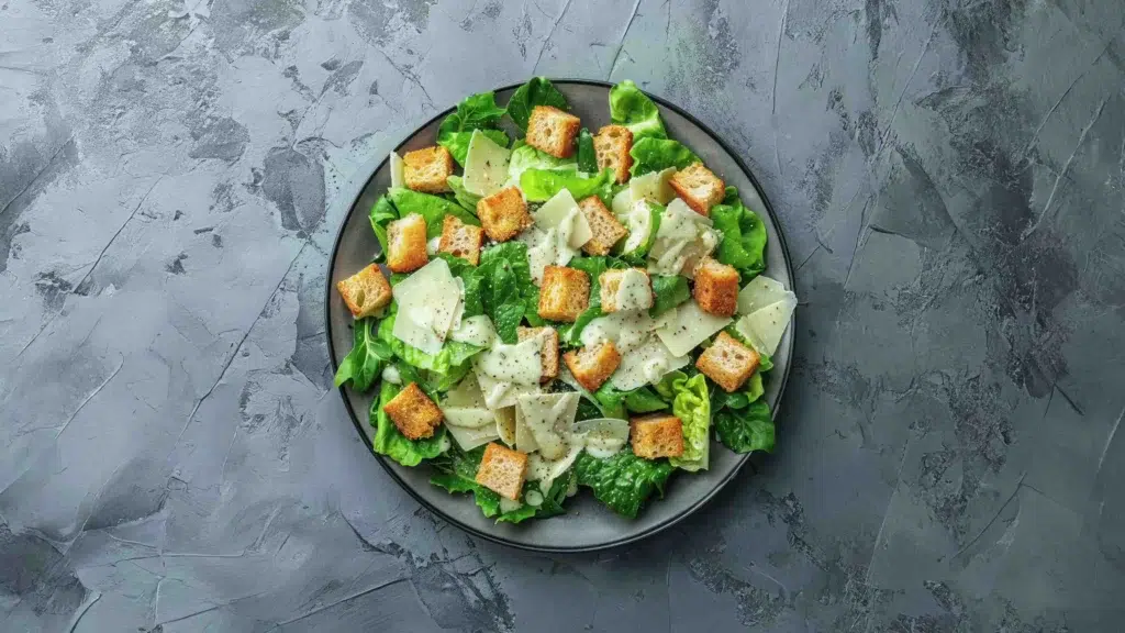 a plate of salad with croutons and cheese