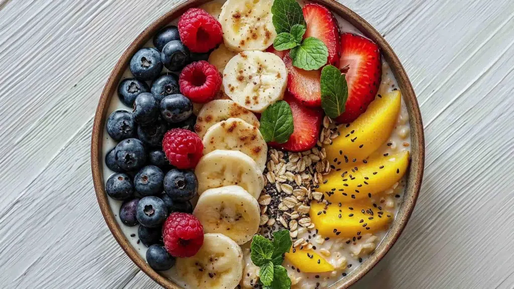 a bowl of fruit and oatmeal